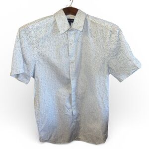 Men's XS White & Blue Patterned Button Up Short Sleeve Dress Shirt Casual Top